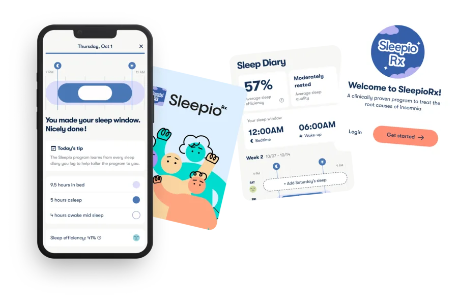 SleepioRx app — sleep window progress, sleep diary, and daily tips